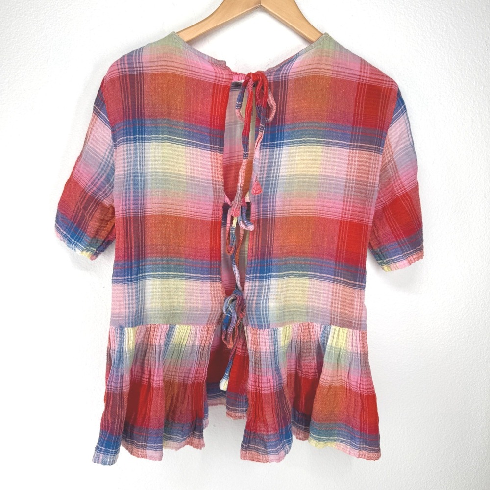 Zara Rainbow Plaid Tie Back Peplum‎ Babydoll Top Gauze Small Country Oversized